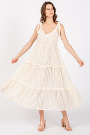 Cream Textured Tie Strap Tiered Midi Dress