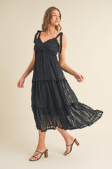 Black Textured Tie Strap Tiered Midi Dress