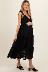 Black Textured Tie Strap Tiered Maternity Midi Dress