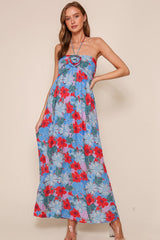 Blue Floral Halter Maternity Maxi Dress