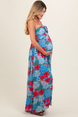 Blue Floral Halter Maternity Maxi Dress