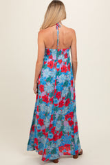 Blue Floral Halter Maternity Maxi Dress