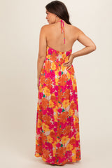 Peach Floral Halter Maternity Maxi Dress