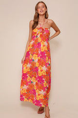 Peach Floral Halter Maxi Dress