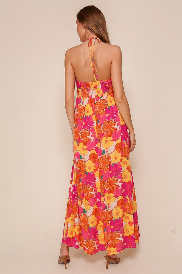 Peach Floral Halter Maxi Dress
