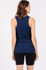 Navy Ribbed Sleeveless Ruched Tank Top