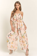 Peach Floral Ruffle Overlay Wide Leg Jumpsuit