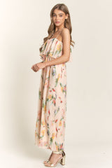 Peach Floral Ruffle Overlay Wide Leg Jumpsuit