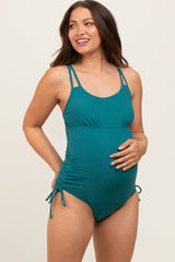 Teal Ribbed Side Tie Maternity One Piece Swimsuit