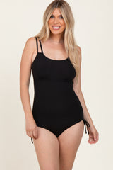 Black Ribbed Side Tie Maternity One Piece Swimsuit