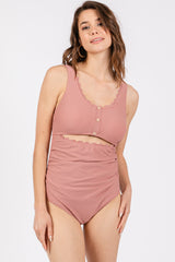 Mauve Scalloped Cutout Ruched Maternity One Piece Swimsuit