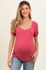 Magenta Short Puff Sleeve V-Neck Maternity Top