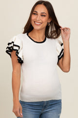 White Double Ruffle Sleeve Maternity Sweater Top