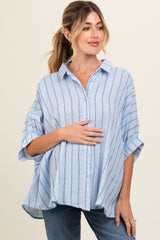 Light Blue Striped Collared Oversized Maternity Top