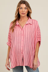 Pink Striped Collared Oversized Maternity Top