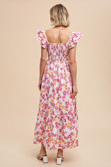 Pink Floral Smocked Ruffle Sleeve Maxi Dress