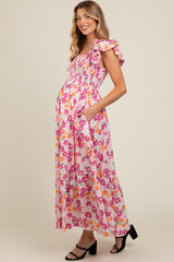 Pink Floral Smocked Ruffle Sleeve Maternity Maxi Dress