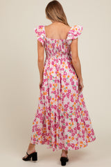 Pink Floral Smocked Ruffle Sleeve Maternity Maxi Dress