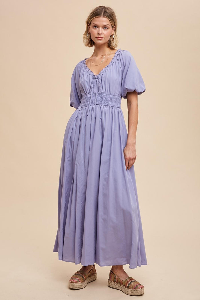 Lavender Smocked Puff Sleeve Maternity Maxi Dress