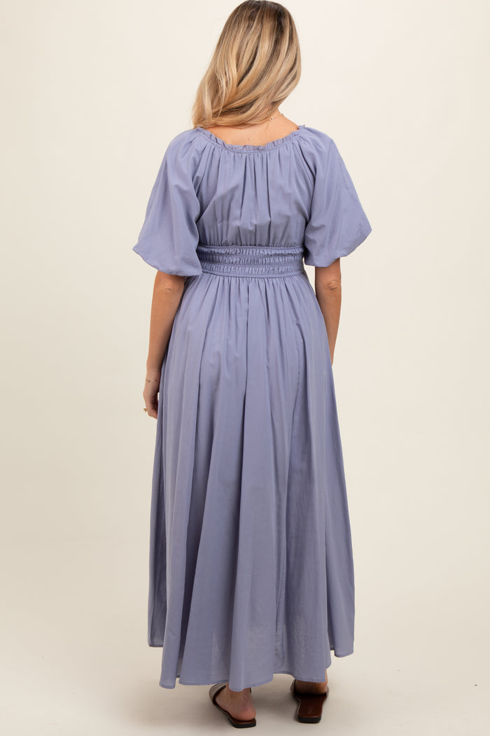 Lavender Smocked Puff Sleeve Maternity Maxi Dress