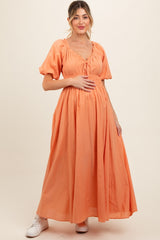 Peach Smocked Puff Sleeve Maternity Maxi Dress