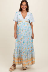 Light Blue Floral Flounce Sleeve Maternity Maxi Dress