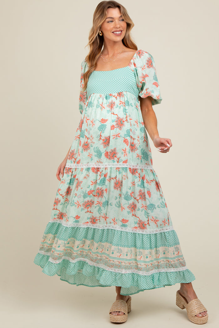 Mint Green Floral Gingham Lace Up Back Maternity Maxi Dress