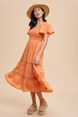 Orange Smocked Short Sleeve Midi Dress