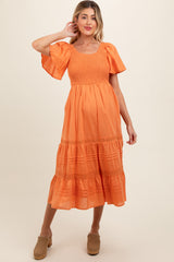 Orange Smocked Short Sleeve Maternity Midi Dress