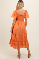 Orange Smocked Short Sleeve Maternity Midi Dress
