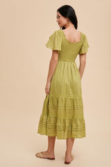 Green Smocked Short Sleeve Midi Dress