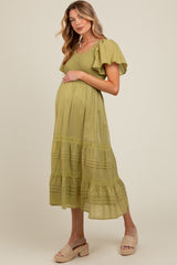 Green Smocked Short Sleeve Maternity Midi Dress