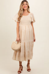 Cream Smocked Short Sleeve Maternity Midi Dress