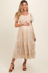 Cream Smocked Short Sleeve Maternity Midi Dress