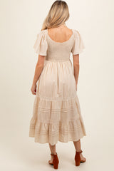 Cream Smocked Short Sleeve Maternity Midi Dress