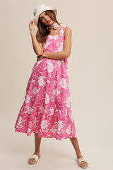 Fuchsia Floral Tiered Sleeveless Midi Dress