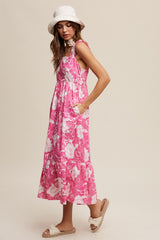 Fuchsia Floral Tiered Sleeveless Midi Dress