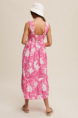 Fuchsia Floral Tiered Sleeveless Midi Dress