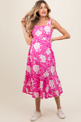 Fuchsia Floral Tiered Sleeveless Maternity Midi Dress