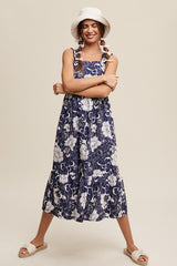 Navy Floral Tiered Sleeveless Midi Dress