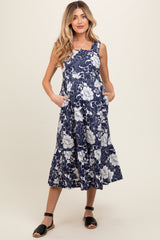 Navy Floral Tiered Sleeveless Maternity Midi Dress