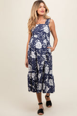 Navy Floral Tiered Sleeveless Maternity Midi Dress