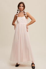 Light Pink Square Neck Shoulder Tie Tulle Maternity Maxi Dress