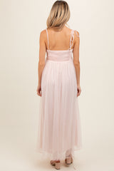 Light Pink Square Neck Shoulder Tie Tulle Maternity Maxi Dress