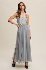 Green Square Neck Shoulder Tie Tulle Maternity Maxi Dress