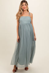 Green Square Neck Shoulder Tie Tulle Maternity Maxi Dress