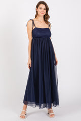 Navy Blue Square Neck Shoulder Tie Tulle Maxi Dress