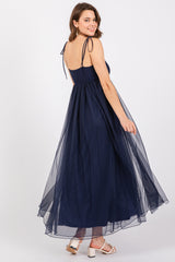 Navy Blue Square Neck Shoulder Tie Tulle Maxi Dress