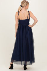 Navy Blue Square Neck Shoulder Tie Tulle Maxi Dress