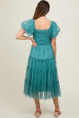 Teal Smocked Tiered Tulle Maternity Midi Dress